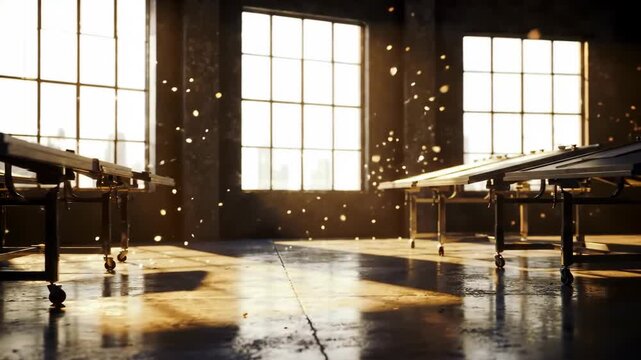 Empty ping pong tables in a spacious room bathed in light with dust motes creating a dreamlike atmosphere, sport and recreation space.