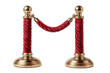 Elegant Golden Stanchions with Red Rope Barrier for Queue Control in Event or Exhibition Setting, Ideal for Event Planning and Management Solutions