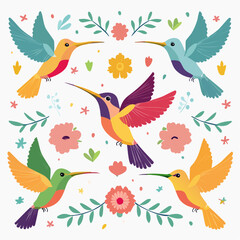 Naklejka premium Colorful Hummingbirds With Floral Ornaments On White Background