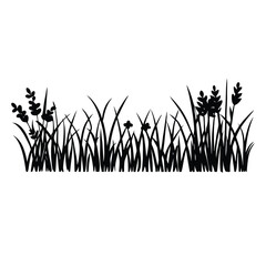 A black vector silhouette of tall grass and wild plants in a natural border style,