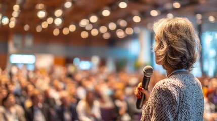 Mature adult female speaker in crowded business audience gives speech. Woman is on commercial conference session. Lecture in exposition hall