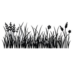 A black vector silhouette of tall grass and wild plants in a natural border style,