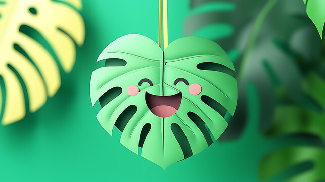 Happy Monstera Leaf Illustration with Smiling Face