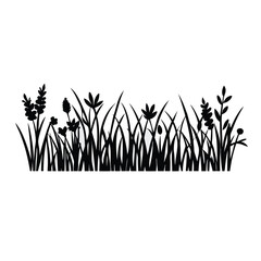 A black vector silhouette of tall grass and wild plants in a natural border style,