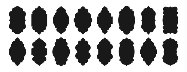 Old islamic window shapes vector set in oriental style. Black silhouette eid mubarak decorative arches, mosque borders or moroccan gates. Arabic muslim architecture frames, ramadan design elements