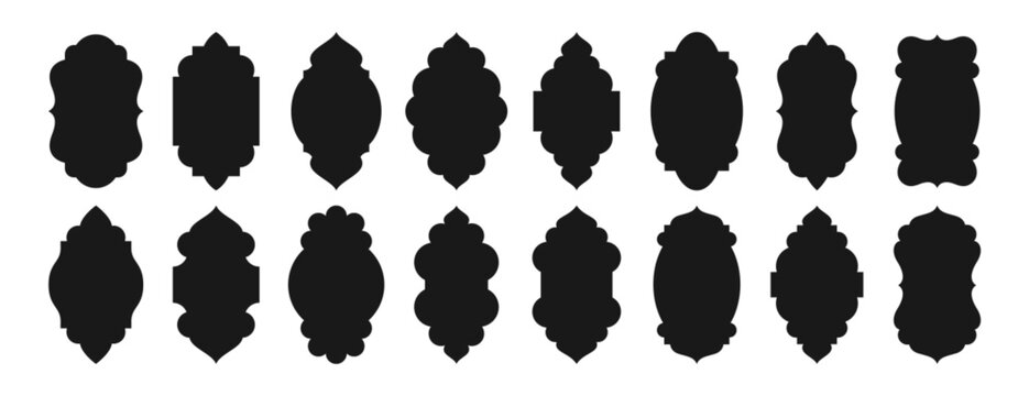 Old islamic window shapes vector set in oriental style. Black silhouette eid mubarak decorative arches, mosque borders or moroccan gates. Arabic muslim architecture frames, ramadan design elements