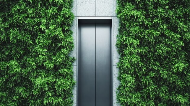 A contemporary elevator embedded in a lush green wall, showcasing a blend of nature and modern architecture, Ideal for themes of sustainability, urban design, and eco-friendly environments,