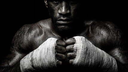 Low-key dramatic image of a boxer wrapping his hands in preparation for an intense training session