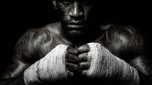 Low-key dramatic image of a boxer wrapping his hands in preparation for an intense training session
