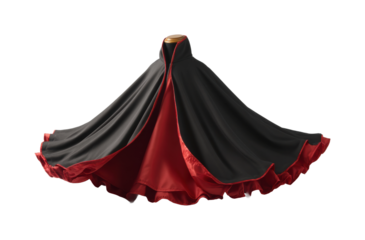 Elegant black and red cloak twirling in a fashion display artistic environment isolated on transparent background, png