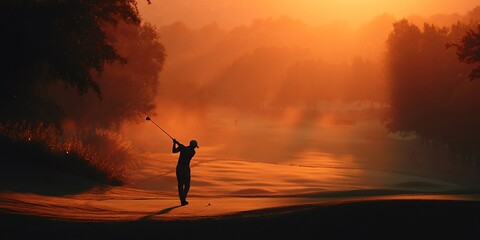 A man playing golf at sunrise with warm tones and golden light illuminating the tee-off moment