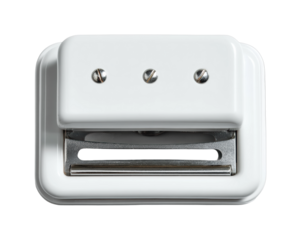 Efficient paper punching action office desk tool minimalist environment top view isolated on transparent background, png