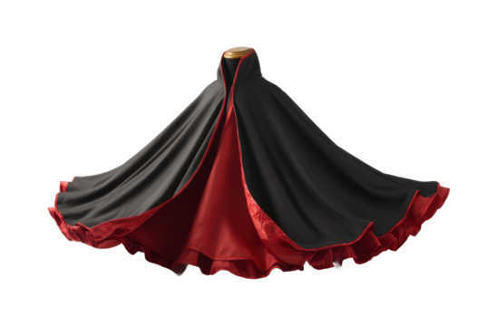 Elegant black and red cloak twirling in a fashion display artistic environment isolated on transparent background, png