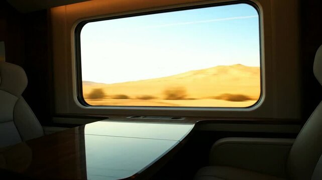 View from the window of a luxurious high-speed train showing a vast sunny desert landscape speeding by the comfortable passenger cabin.