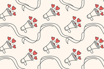 A repeating pattern of megaphones with hearts and ribbons on a light beige colored background design art