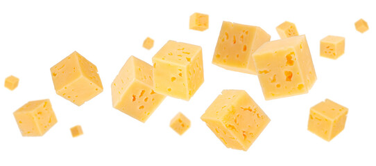 Cubes of regular cheese fly and levitate in space. Isolated on white.
