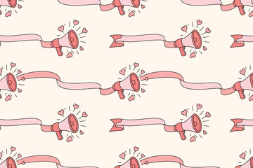 A seamless pattern of pink megaphones with ribbons and hearts on a light pink background repeating design