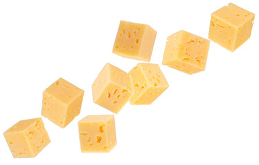 Cubes of regular cheese fly through space forming a chain shape Isolated on white
