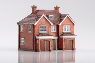 Miniature two-story brick house, detailed facade,  gable roof,  garage,  reflection