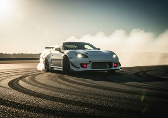 Naklejka premium Photo of white sports car performing a drift on a track, creating a cloud of smoke and tire marks, captured in dynamic action with dramatic lighting
