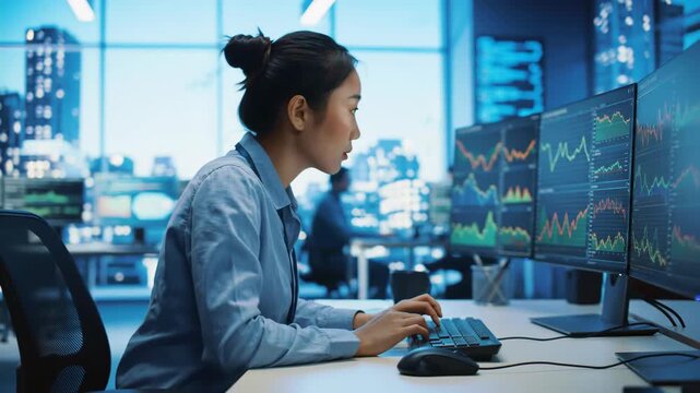 Asian woman analyzes financial market data on multiple computer screens in trading room for business, finance and technology.
