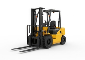 Fototapeta premium Photo of yellow forklift truck isolated on white background, a heavy industrial machine for material handling and logistics in warehouses and factories