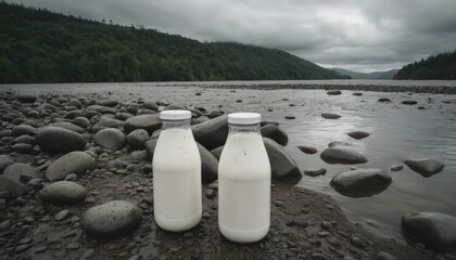Two Glass Bottles of Milk by a River on a Cloudy Day