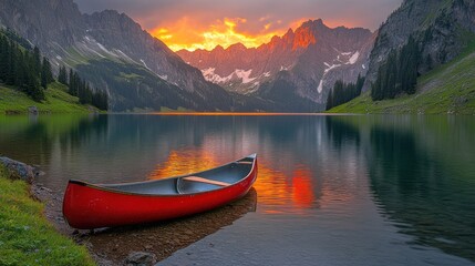 Red canoe on tranquil lake at sunset, alpine mountains