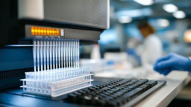 A PCR machine amplifies DNA in a genetics laboratory with thermal cyclers heating and cooling test tubes in racks a digital display showing cycle progress and researchers pipet