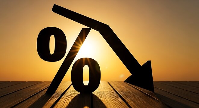 A downward trending arrow and percentage symbols against a sunset backdrop, symbolizing decreasing interest rates or economic decline