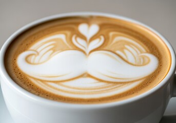 Closeup of cappuccino with moustache latte art design