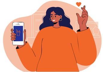 A smiling young woman holds a smartphone displaying a Smart Style Show Confiance logo, gesturing with crossed fingers. Modern, vibrant illustration style.
