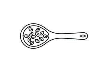 Black outline of a spoon filled with seeds on white background