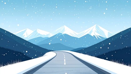 Modern A winding mountain path leading to distant peaks with vector style and bold colors and muted tones aesthetic during a light snowfall rendered with symmetry and complementary colors