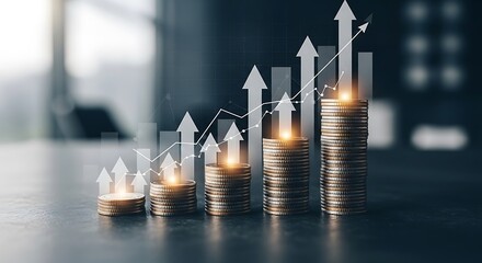 Stacks of coins with rising arrow graph and financial chart overlay