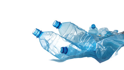Crumpled blue plastic bottles isolated on transparent background. Crushed plastic water bottle waste for recycling and ecology concepts.