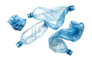 Crumpled blue plastic bottles isolated on transparent background. Crushed plastic water bottle waste for recycling and ecology concepts.