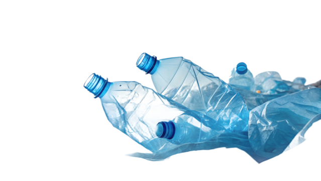 Crumpled blue plastic bottles isolated on transparent background. Crushed plastic water bottle waste for recycling and ecology concepts.