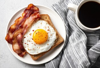 Breakfast of fried egg, bacon, and toast on a plate, next to coffee