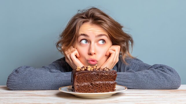 Eat less sugar for health, women is dreaming of eating a chocolate cake, sweets during sugar diet session for lose weight
