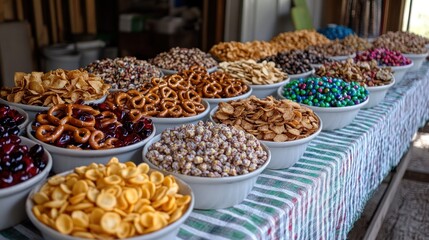 Fototapeta premium Rows of white bowls brimming with assorted snacks