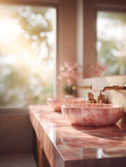 Blurred Bathroom Interior with Pink Marble Countertop and Double Sink – Sunny Day with Bokeh, Space for Product Display
