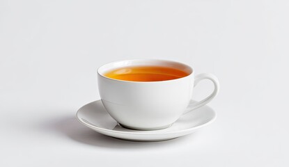 White teacup filled with amber-colored liquid, resting on a saucer, against a plain white background