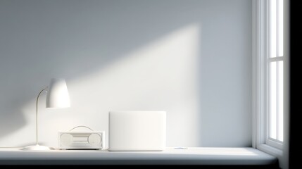 an outdoor cinema summer activity Minimalist white desk setup with a modern laptop, desk lamp, and radio near a bright window delivering natural light a city park picnic summer activity