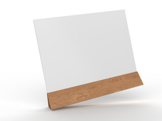 3D Realistic table stand, table tent mockup with wood base and white paper acrylic. Blank card holder display information for menu label, restaurant, cafe, banner, picture stand, sign holder, ads