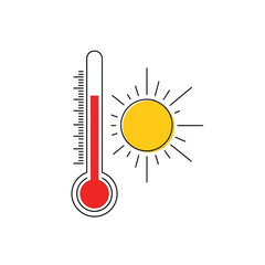 Stylized Illustration of a Thermometer Showing High Temperature Next to a Yellow Sun on White