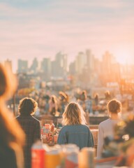an outdoor cinema summer activity People at an outdoor market or festival during golden hour with city skyline in the background a city park picnic summer activity