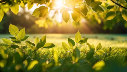Obraz premium Golden Sunlight Streams Through Green Leaves Creating A Magical Bokeh Effect In A Meadow