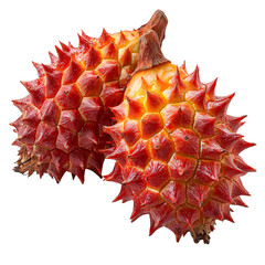 Red spiky fruit with glossy orange red skin and textured hexagonal segments, close up vibrant tropical produce