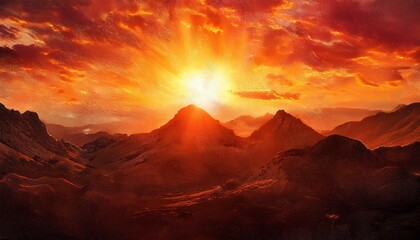 Naklejka premium Golden Sun Over Crimson Mountains A Textured Landscape Art